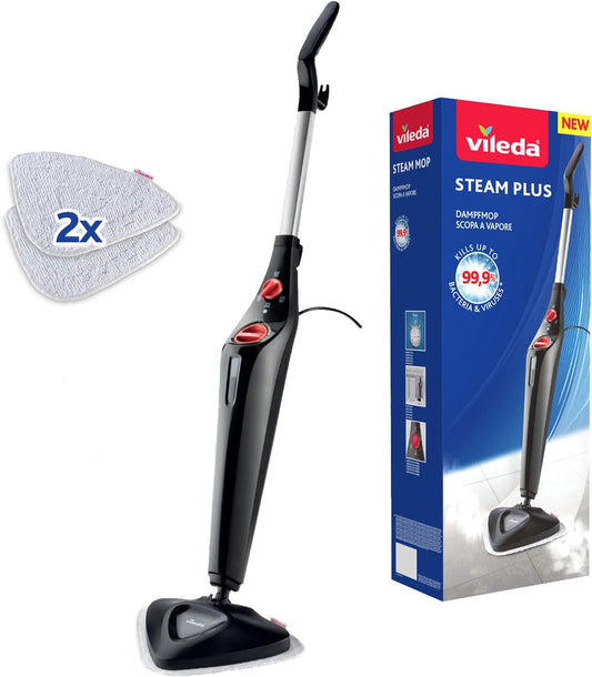 Vileda Steam Mop PLUS – Steam Cleaner for Hard Floors & Carpets with 2 Microfibre Pads