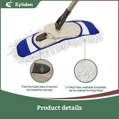 Eyliden Flat Microfibre Mop with 2 Reusable Pads – Wet & Dry Floor Cleaning Mop with Telescopic Handle