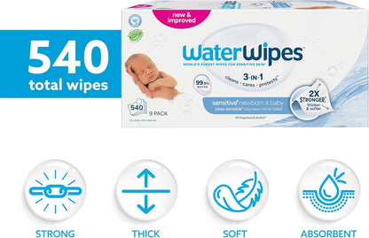 WaterWipes Sensitive+ Newborn & Baby Wipes 9 Pack – 99.9% Water, Unscented Gentle Care