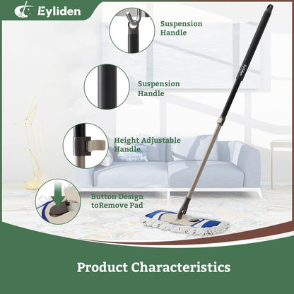 Eyliden Flat Microfibre Mop with 2 Reusable Pads – Wet & Dry Floor Cleaning Mop with Telescopic Handle