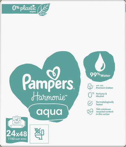 Pampers Harmonie Aqua Baby Wet Wipes 24 Pack – 1152 Wipes with 99% Water for Delicate Skin