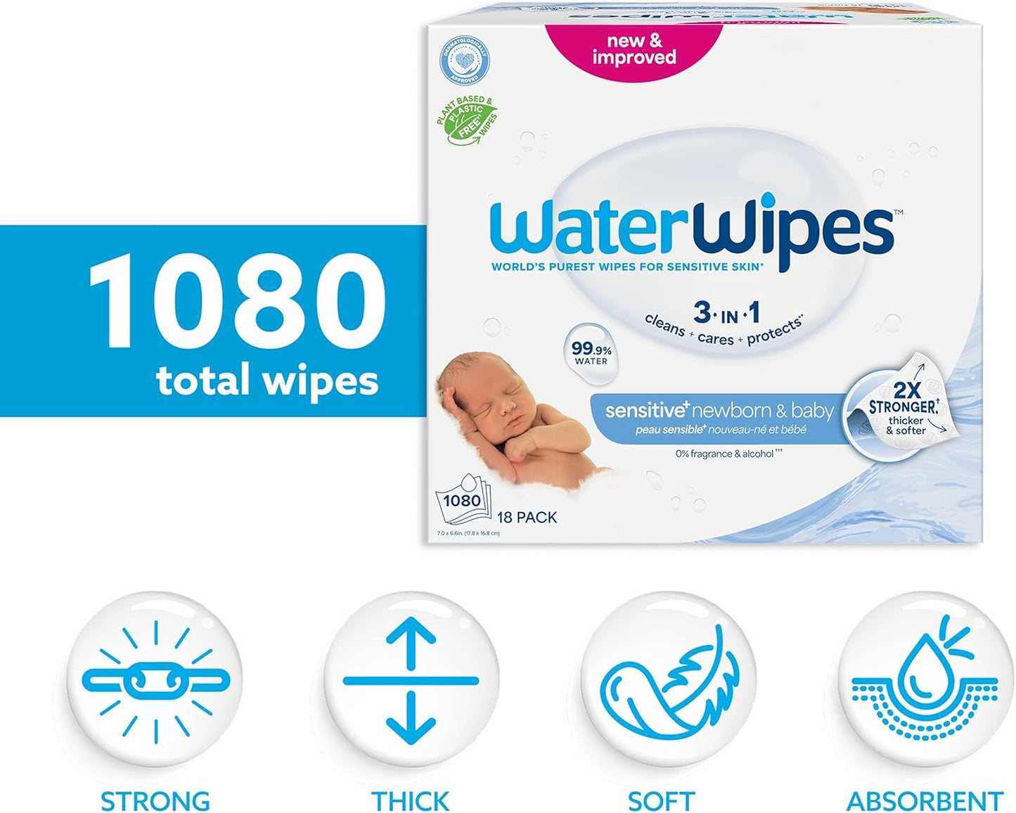 WaterWipes Sensitive+ Newborn & Baby Wipes 18 Pack – 99.9% Water, Unscented Gentle Care