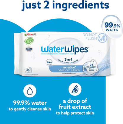 WaterWipes Sensitive+ Newborn & Baby Wipes 9 Pack – 99.9% Water, Unscented Gentle Care