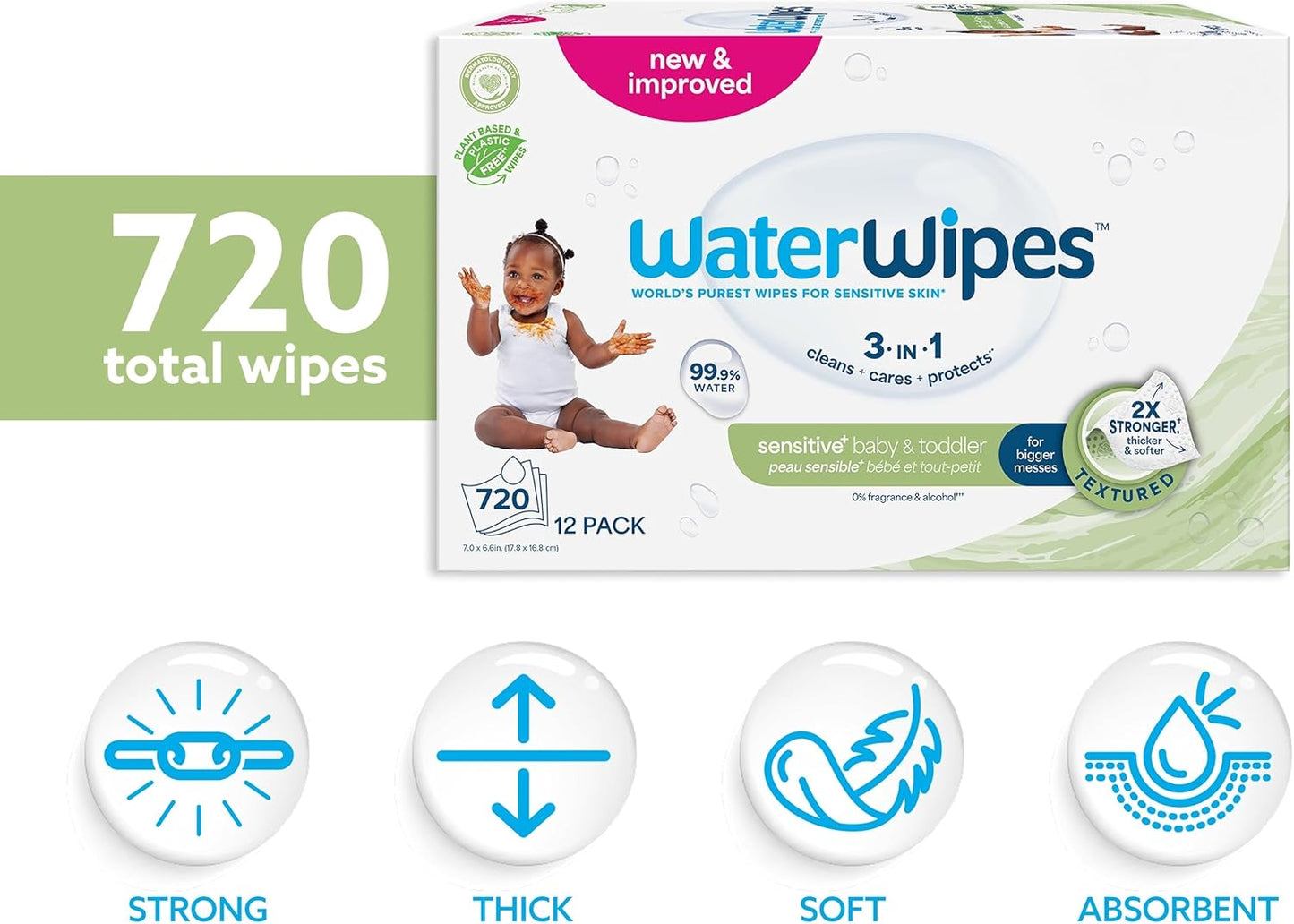 WaterWipes Sensitive+ Baby & Toddler Wipes 12 Pack – 99.9% Water, Textured Gentle Clean
