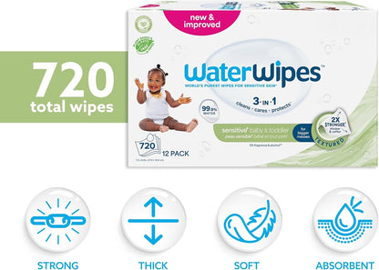 WaterWipes Sensitive+ Baby & Toddler Wipes 12 Pack – 99.9% Water, Textured Gentle Clean