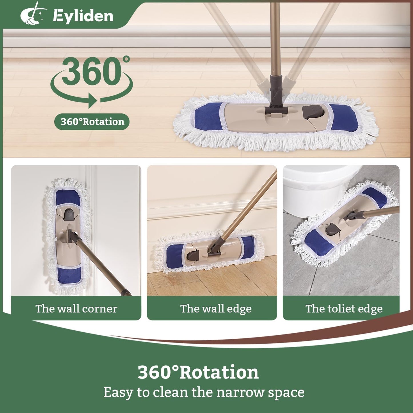 Eyliden Flat Microfibre Mop with 2 Reusable Pads – Wet & Dry Floor Cleaning Mop with Telescopic Handle