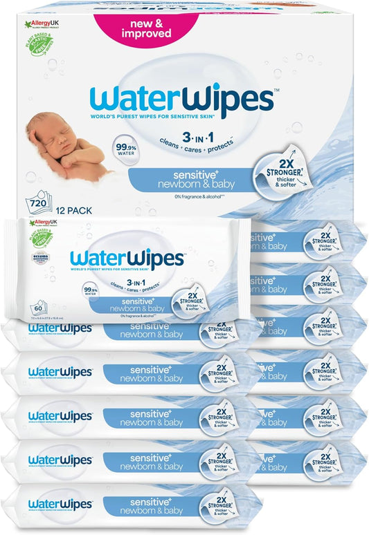 WaterWipes Sensitive+ Newborn & Baby Wipes 12 Pack – 99.9% Water, Unscented & Gentle Care