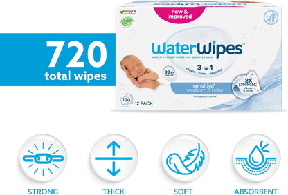 WaterWipes Sensitive+ Newborn & Baby Wipes 12 Pack – 99.9% Water, Unscented & Gentle Care