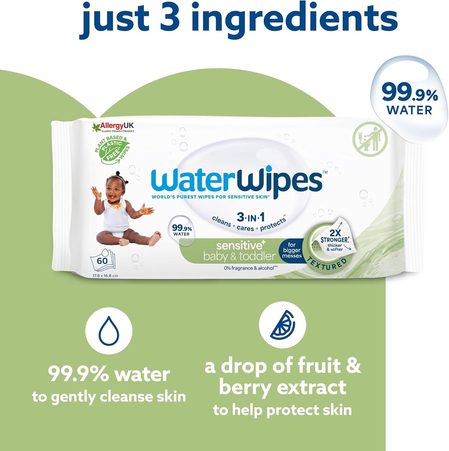 WaterWipes Sensitive+ Baby & Toddler Wipes 12 Pack – 99.9% Water, Textured Gentle Clean