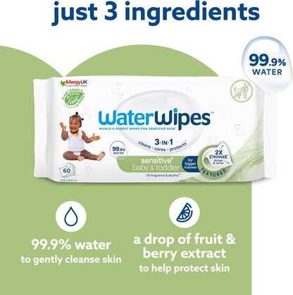 WaterWipes Sensitive+ Baby & Toddler Wipes 12 Pack – 99.9% Water, Textured Gentle Clean