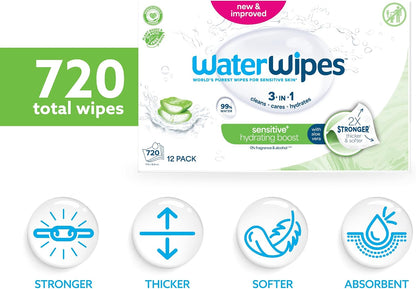 WaterWipes Sensitive+ Hydrating Boost Baby Wipes 12 Pack – 99% Water, Aloe Vera & Gentle Hydration