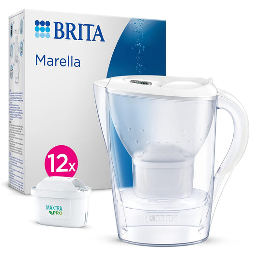 BRITA Marella Water Filter Jug 2.4L White – Fridge-Fit Pitcher with Digital Memo Indicator & 12x MAXTRA PRO Cartridges