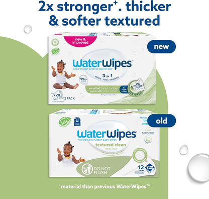 WaterWipes Sensitive+ Baby & Toddler Wipes 12 Pack – 99.9% Water, Textured Gentle Clean