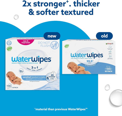WaterWipes Sensitive+ Newborn & Baby Wipes 18 Pack – 99.9% Water, Unscented Gentle Care