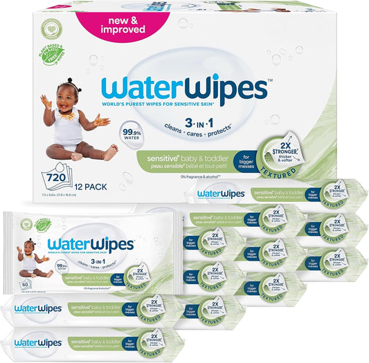 WaterWipes Sensitive+ Baby & Toddler Wipes 12 Pack – 99.9% Water, Textured Gentle Clean