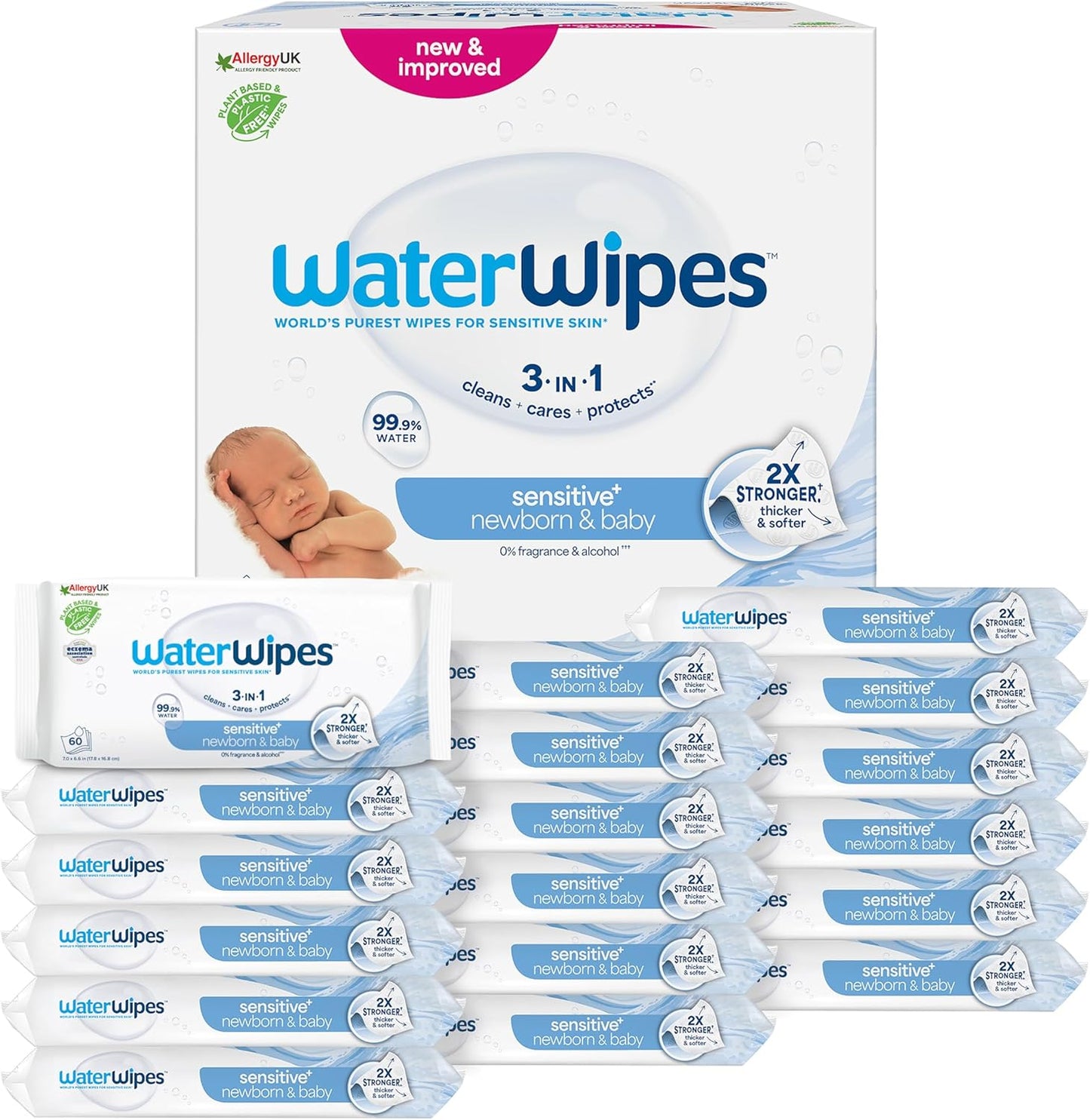 WaterWipes Sensitive+ Newborn & Baby Wipes 18 Pack – 99.9% Water, Unscented Gentle Care