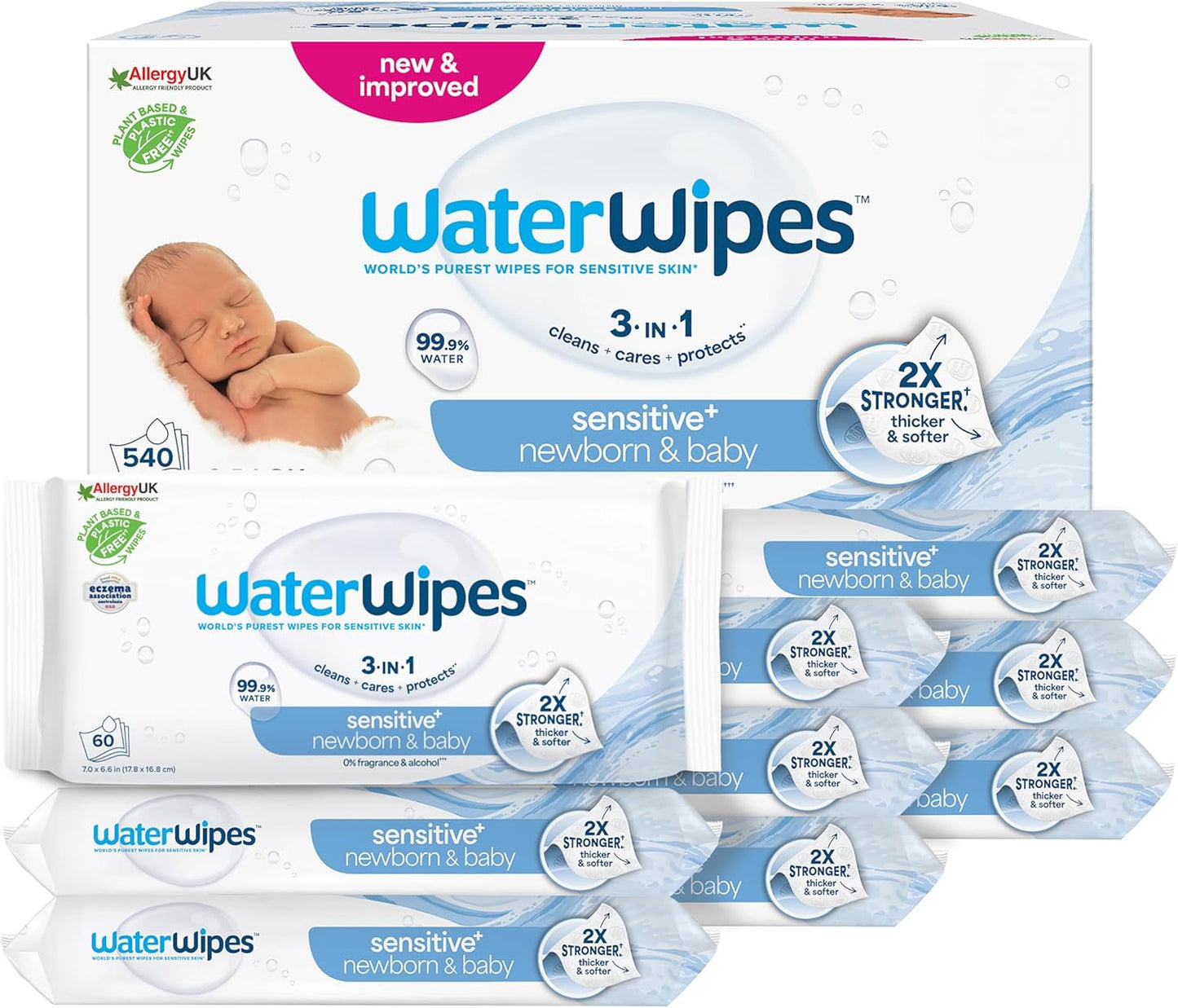 WaterWipes Sensitive+ Newborn & Baby Wipes 9 Pack – 99.9% Water, Unscented Gentle Care