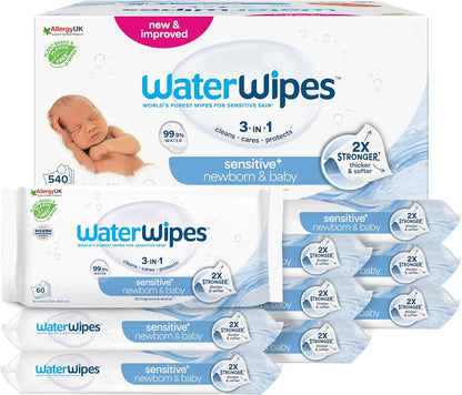 WaterWipes Sensitive+ Newborn & Baby Wipes 9 Pack – 99.9% Water, Unscented Gentle Care