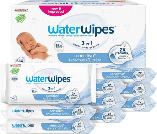 WaterWipes Sensitive+ Newborn & Baby Wipes 9 Pack – 99.9% Water, Unscented Gentle Care