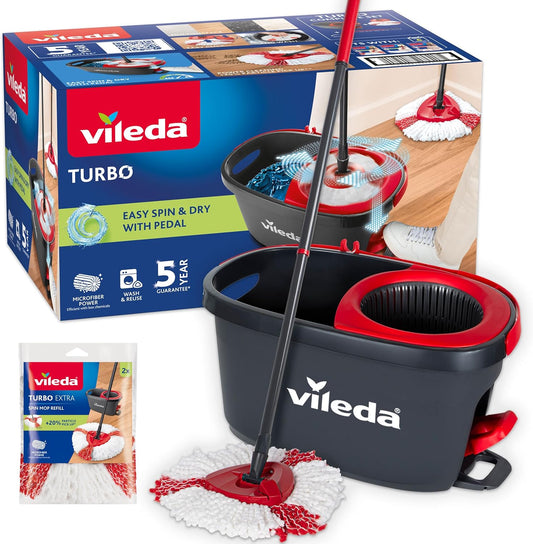 Vileda Turbo Microfibre Spin Mop & Bucket Set with Extra 2-in-1 Refill – Floor Cleaning System