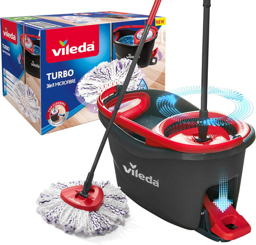Vileda Turbo 3-in-1 Spin Mop & Bucket Set – Microfibre Floor Mop with Telescopic Handle
