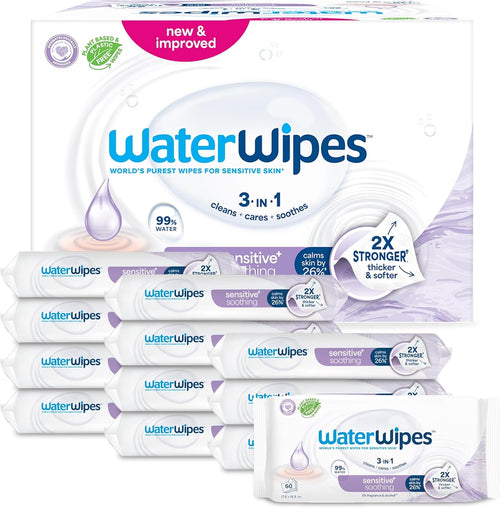 WaterWipes Sensitive+ Soothing Baby Wipes 12 Pack – 99% Water, Botanical Extract & Gentle Care