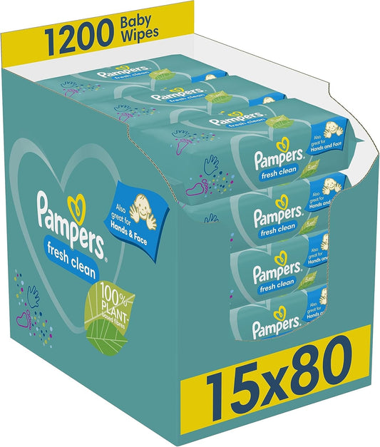 Pampers Baby Wipes Fresh Clean 15 Pack – 1200 Wet Wipes for Newborn & Baby Care