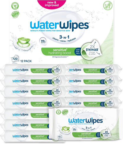 WaterWipes Sensitive+ Hydrating Boost Baby Wipes 12 Pack – 99% Water, Aloe Vera & Gentle Hydration