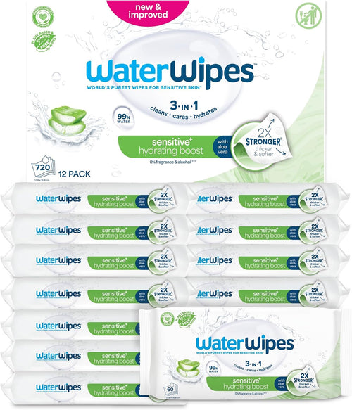 WaterWipes Sensitive+ Hydrating Boost Baby Wipes 12 Pack – 99% Water, Aloe Vera & Gentle Hydration