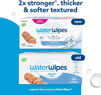 WaterWipes Sensitive+ Newborn & Baby Wipes 9 Pack – 99.9% Water, Unscented Gentle Care