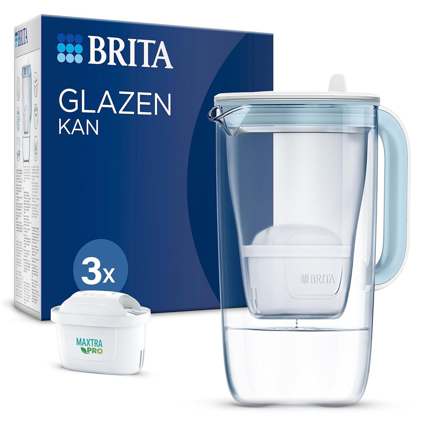 BRITA Glass Water Filter Jug Light Blue 2.5L – Premium Borosilicate Glass Pitcher with MAXTRA PRO Cartridges & Smart Light Indicator